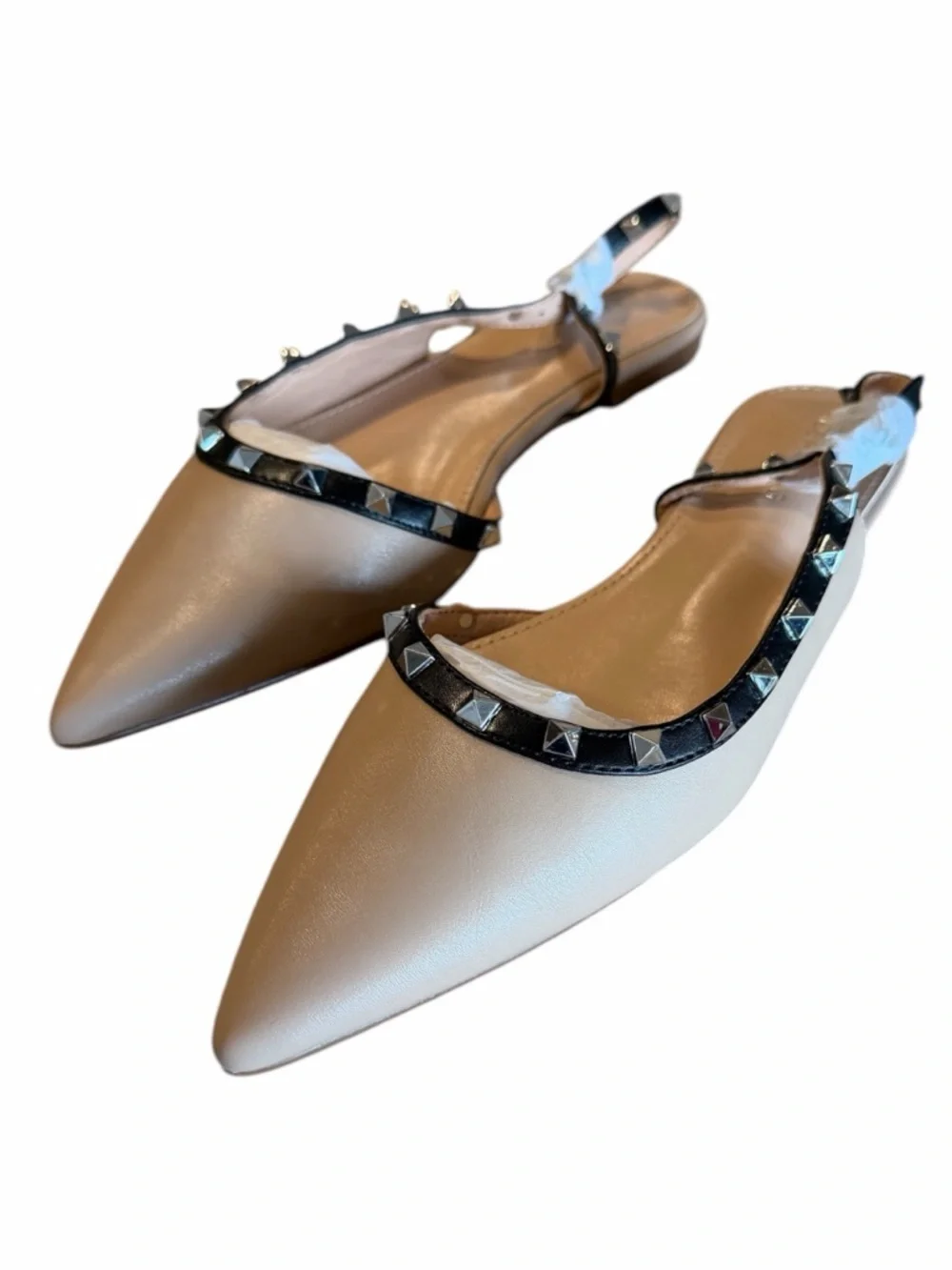Berness Slingback Flats Size 8 Beige Black Studded Pointed Toe Slip On New - Picture 3 of 11